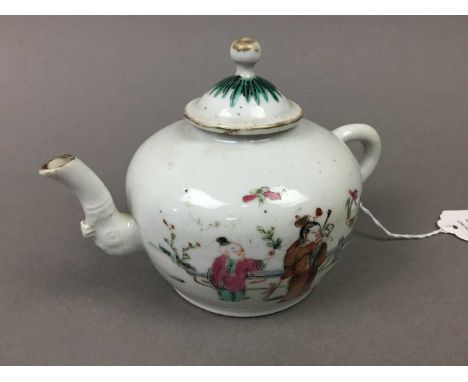 19TH CENTURY CHINESE PORCELAIN TEA POT AND OTHER ASIAN CERAMICS the tea pot decorated with a figural scene, surrounded by flo