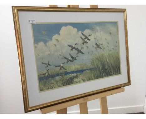 TAKING TO WING PETER SCOTT print, framed and under glass, along with eleven other printstaking to wing 36cm x 59cm image, 56c