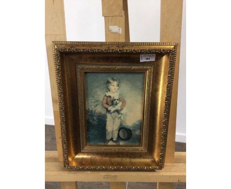 MIXED MEDIA PORTRAIT 20TH CENTURY depicting a boy holding a dog, beside a top hat, foliage and flowers31.5cm wide x 37.2cm hi