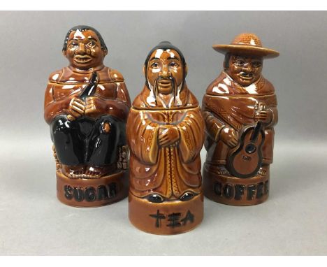 GROUP OF THREE P&amp;K TEA, COFFEE AND SUGAR CANISTERS 20TH CENTURY all glazed22cm high