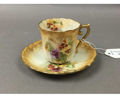 NAUTILUS CUP AND SAUCER AND A PAIR OF PLATES with floral and gilt decoration Qty: 4