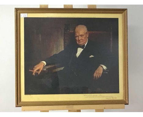 PRINT DEPICTING WINSTON CHURCHILL AND OTHER ITEMS  including a small novelty framed diagram with Winston Churchill, as well a