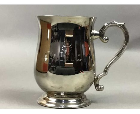 SILVER PLATED TANKARD AND OTHER SILVER PLATED WARE the tankard bearing a 'Celtic' logo, along with other silver plated ware, 