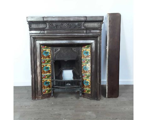 CAST IRON FIREPLACE inset with tiles, Falkirk stamped to rear116cm high, 129cm wide