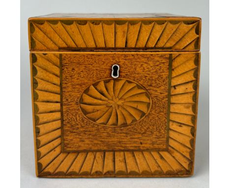 A REGENCY PERIOD INLAID SHERATON DESIGN PEAR WOOD AND SATINWOOD INLAID TEA CADDY WITH MARQUETRY INLAID OVAL PATERA, (Some dam