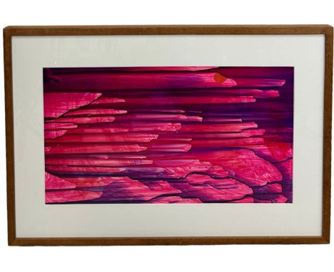 BRITISH 20TH CENTURY SCHOOL: AN ABSTRACT WATERCOLOUR ON PAPER TITLED 'FIERY LIGHT OVER ROCKS AND SEA', 52cm x 29cm Circa 1960