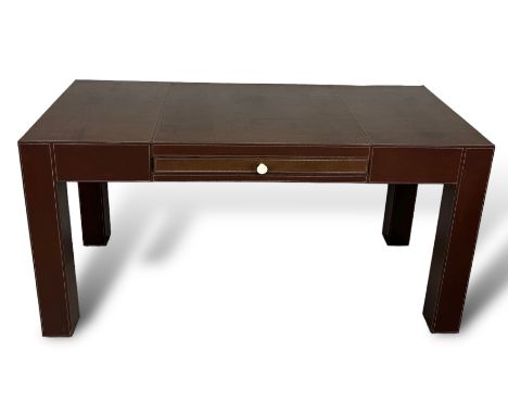 AN ANDREW MARTIN STITCHED BROWN LEATHER CONSOLE TABLE WITH SINGLE DRAWER, 150cm x 76cm x 65cm 