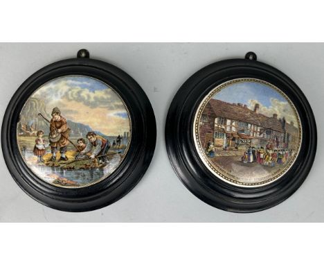 TWO PRATTWARE POT LIDS, To include one of Shakespeares house. 15cm D each. 