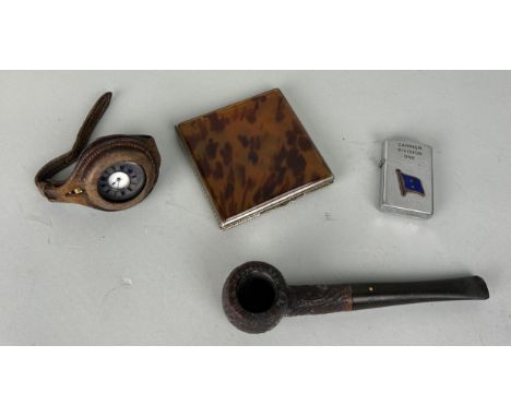A SILVER POCKET WATCH IN BROWN LEATHER STRAP, A CARRIER DIVISION ONE LIGHTER, AND AN ANTIQUE PIPE (4), 