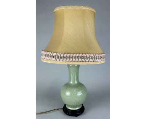 A 20TH CENTURY CHINESE CELADON VASE ADAPTED FOR A LAMP, 33cm H With shade 54cm H