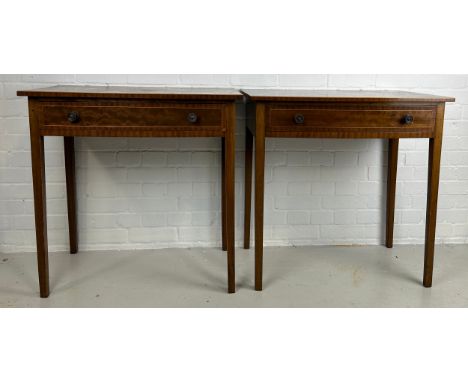A PAIR OF SHERATON REVIVAL MAHOGANY CONSOLE TABLES WITH LINE INLAY AND SINGLE DRAWER (2)76cm x 76cm x 44cm each. 