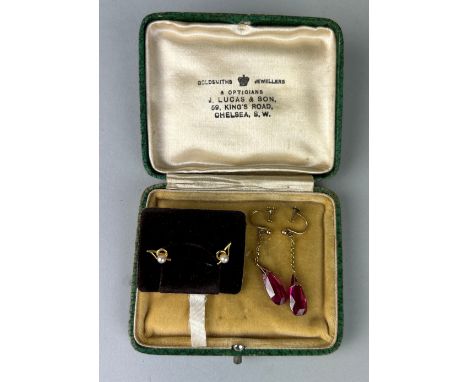 A PAIR OF 9CT GOLD AND PEARL EARRINGS ALONG WITH A PAIR OF GOLD AND PASTE EARRINGS, Housed in an antique box. 