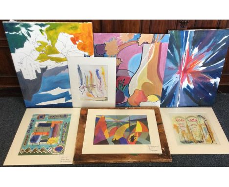 CHRISTOPHER LAMBERT: A large group of unframed oil paintings and watercolours of abstract design. Est. £20 - £30.