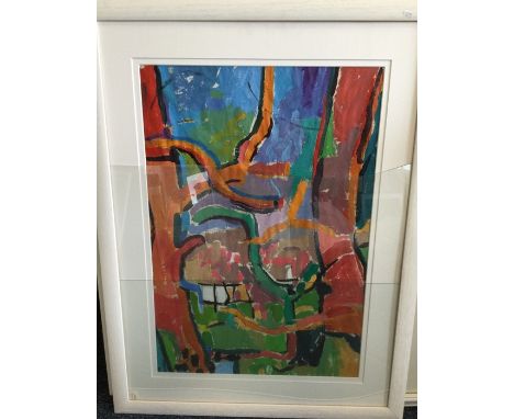 CHRISTOPHER LAMBERT: A framed acrylic on board depicting trees in abstract design. Approx. 49 cms x 69 cms. Est. £30 - £50.