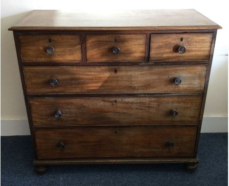 A large early Victorian mahogany chest of six drawers on bracket feet. Est. £60 - £80.
