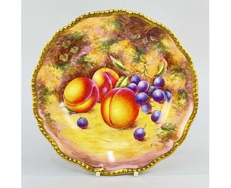 ROYAL WORCESTER BONE CHINA FRUIT PAINTED PLATE BY RICHARD LEWIS, decorated with autumn fruit on a mossy ground, shaped gadroo