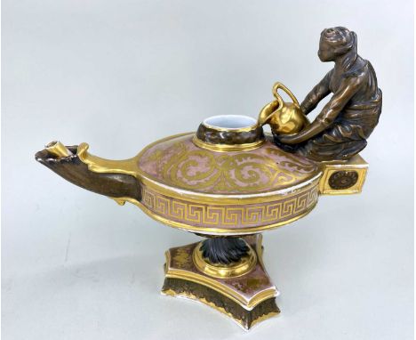 COALPORT VESTAL READING LAMP, c. 1810, of classical form with bronzed glaze, painted in gilt with scrolling acanthus and Gree
