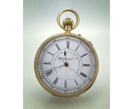 18CT GOLD J. HARGREAVES &amp; CO. LIVERPOOL CHRONOGRAPH POCKET WATCH, Chester 1896, the signed white enamel dial with Roman n