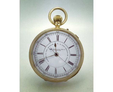 18CT GOLD J. HARGREAVES &amp; CO. LIVERPOOL CHRONOGRAPH POCKET WATCH, Chester 1896, the signed white enamel dial with Roman n