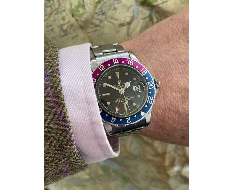 VERY RARE GENTS' ROLEX OYSTER PERPETUAL GMT-MASTER STAINLESS STEEL BRACELET WRISTWATCH, ref.1675, ser. no. 50***0, c.1959, po