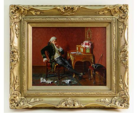 TALBOT HUGHES R.O.I., P.S. (1869-1942) oil on panel - an 18th Century gentleman at his escritoire entitled 'A Difficult Decla