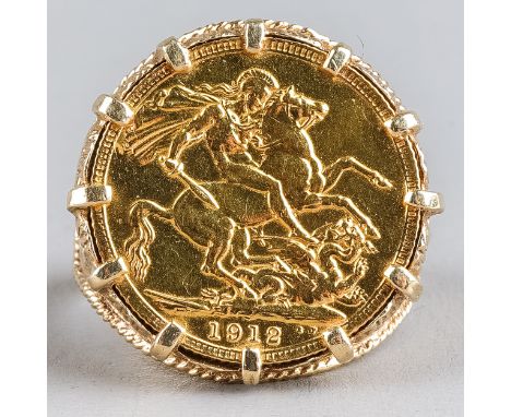 An 1912 sovereign, mounted in a 9ct yellow gold ring, ring size Z1/2, total gross weight approx 16.4g  Good condition, wear c