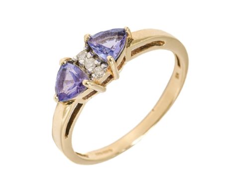 A 9ct yellow gold tanzanite and diamond ring, two triangular-cut tanzanites centered with three small round brilliant-cut dia