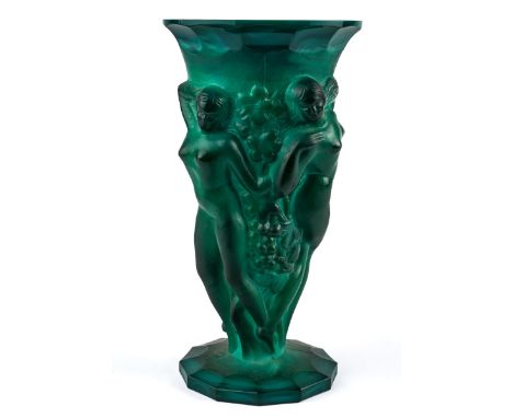 An early 20th century circa. 1930's Art Deco / Art Nouveau Bohemian vase, formed of pressed malachite glass to depict a serie