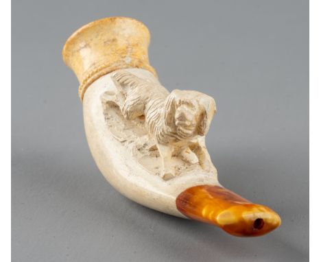 A Meerschaum crouching spaniel pipe, in fitted leather case, approx 8cm long  some surface dents, one chip and loose to bowl,