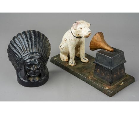 Cast metal indian head door stop together with a cast metal RCA Victor phonograph Dog (2)  In worn condition