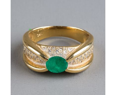 A 14k yellow gold diamond and emerald ring, set with an oval-cut emerald, pave-set diamond diamonds, ring N1/2, total gross w