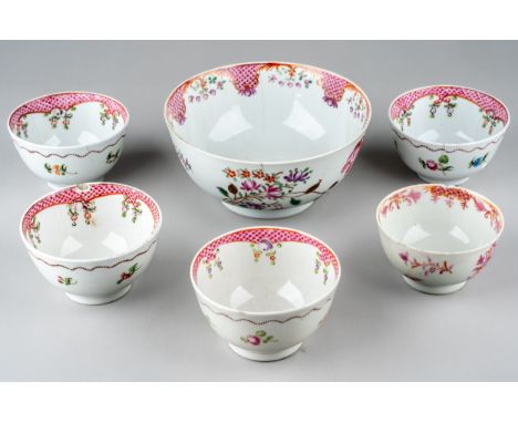 A Chinese Export style famille rose bowl together with five matched tea bowls, all with scale interior borders and decorated 