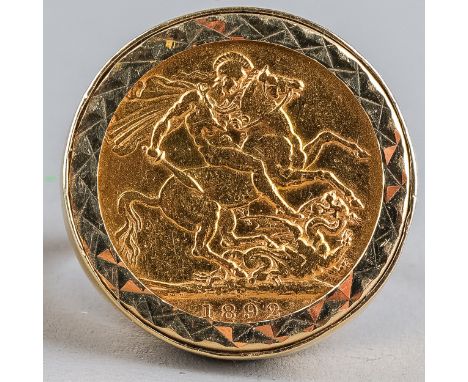 An 1892 sovereign, mounted in a 9ct yellow gold ring, ring size 3, total gross weight approx 15.8g  Good condition, wear comm