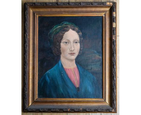 Naive School (19th Century), Portrait of a Lady in blue dress, landscape beyond oil on panel, approx 48 x 37cm, framed  some 