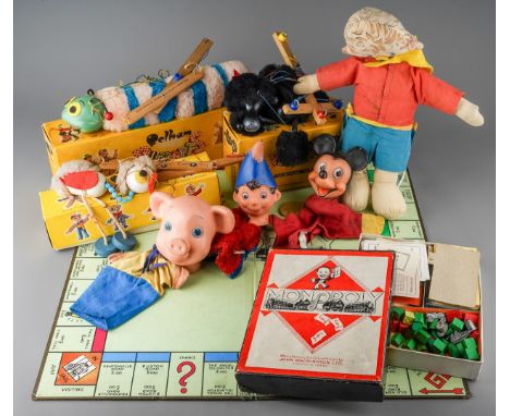 Toys - Three boxed pelham puppets, caterpillar, poodle and ostrich; 1960's puppets including Mickey Mouse; Noddy; Perky and a