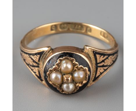 A mid-Victorian 9ct yellow gold, black enamel and pearl mourning ring, the round head set with four split pearls in black ena