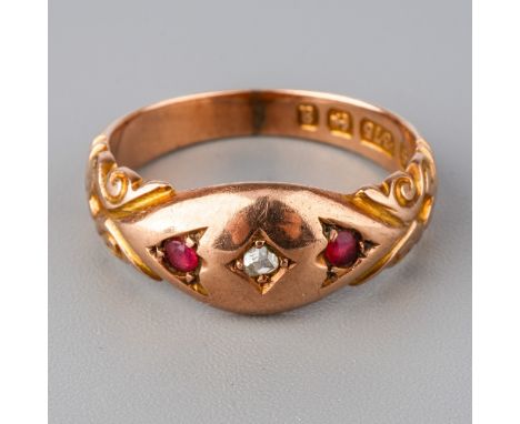 A 9ct yellow gold diamond and ruby ring, size M, total gross weight approx 3.2g  Good condition, wear commensurate with age