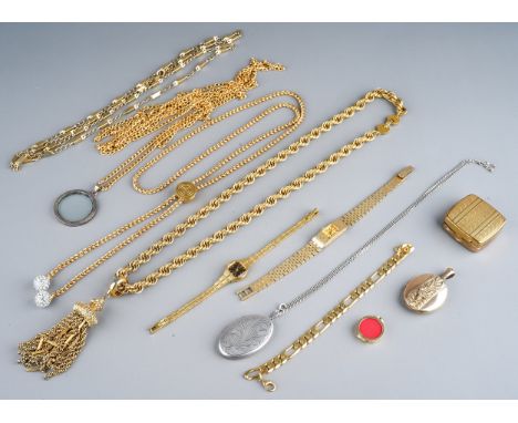 A collection of costume jewellery including Monet  gold plated tassel necklace; another gold plated lavalier necklace; other 