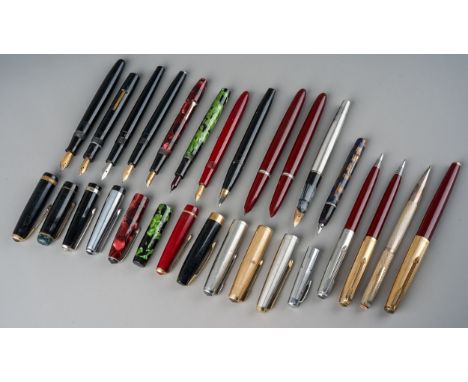 A collection of vintage fountain pens including Parker, Schaeffer and others, four with 14k nibs (Q)  