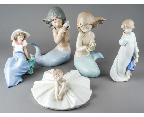 A group of Nao figures to include: Dance Class, Seated girl no: 1042 and standing girl no: 1109, Sound of the Sea no: 1367 an