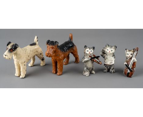 Three 20th Century Beswick style orchestra Cats to include: singer, violin and cello players; together with a painted cast ir