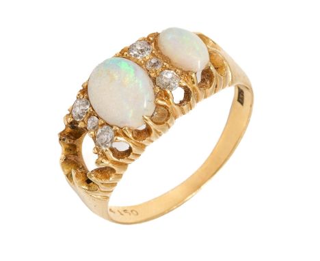 An 18ct yellow gold opal and diamond ring, set with oval cabochon opals (one missing) and small old-cut diamond spacers, size