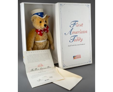 Steiff: First American Teddy, an Steiff North American limited edition Teddy, blond with Uncle Sam top hat and bow tie, Ameri