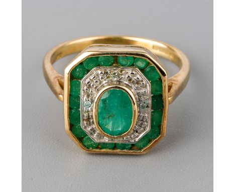 A 9ct yellow gold emerald and diamond dress ring, in the Art Deco style, size L, total gross weight approx 3.1g  Good conditi