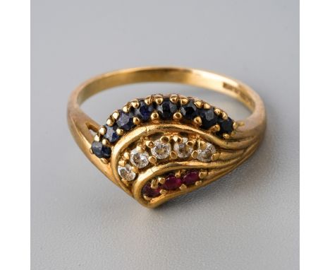 A 9ct yellow gold ruby diamond and sapphire ring, size M1/2, total gross weight approx 3.1g  Good condition, wear commensurat