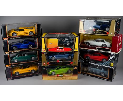 Ten large scale diecast 1:18 scale car models by Maisto and Burago, all boxed to include: MAISTRO - Jaquar S-Type (1999), Mus