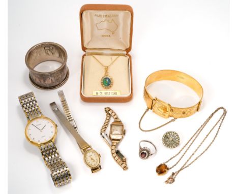 A 9ct yellow gold cased wristwatch, gold-plated strap; a silver napkin ring; a silver garnet and marcasite; a gold-plated syn