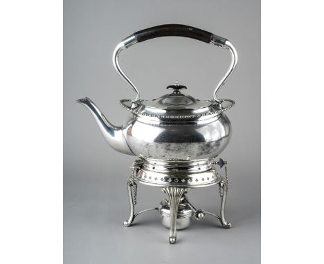 A late 19th Century silver plated tea kettle, burner and stand, ebonised handle and finial, stamped to base by William Hutton