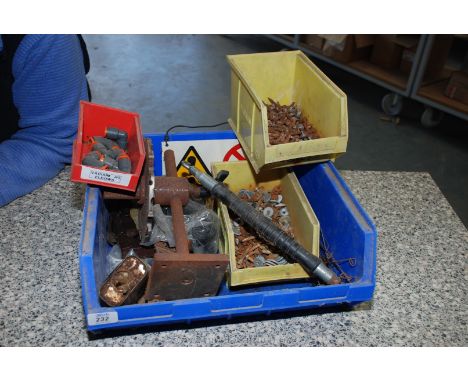 A Lin-bin of push-fit couplings, screws, wire tie winder, etc.,