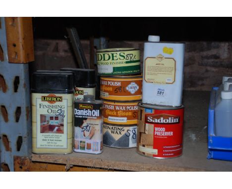 A quantity of finishing Oils, part cans of wax polish, Jade oil, "Sadolin" wood preservative, etc.,
